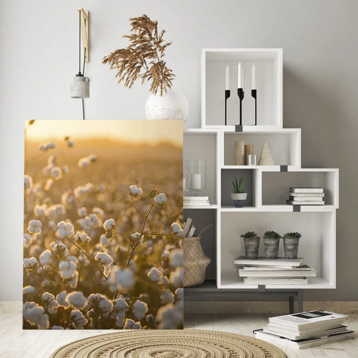 Glasbild - Bild auf glas - Baumwollfeld bei Sonnenuntergang - 50x70cm - Fluffiges Feld - Moderne Wanddekoration für Wohnzimmer und Schlafzimmer ARTTOR