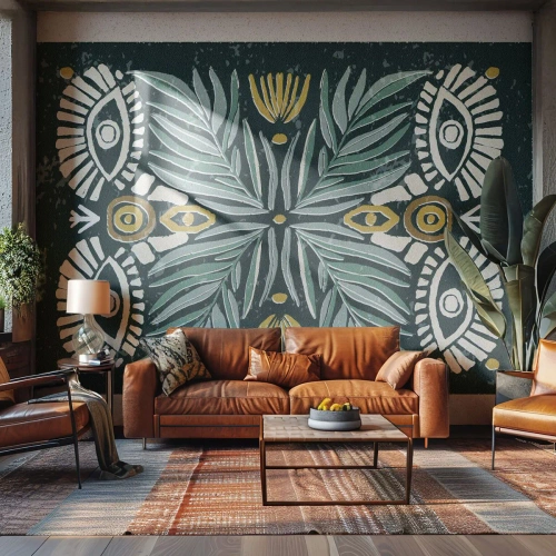 Fototapete Premium Sand - Wie ein Volksausschnitt - Boho, Muster, Botanik - 250x175 cm