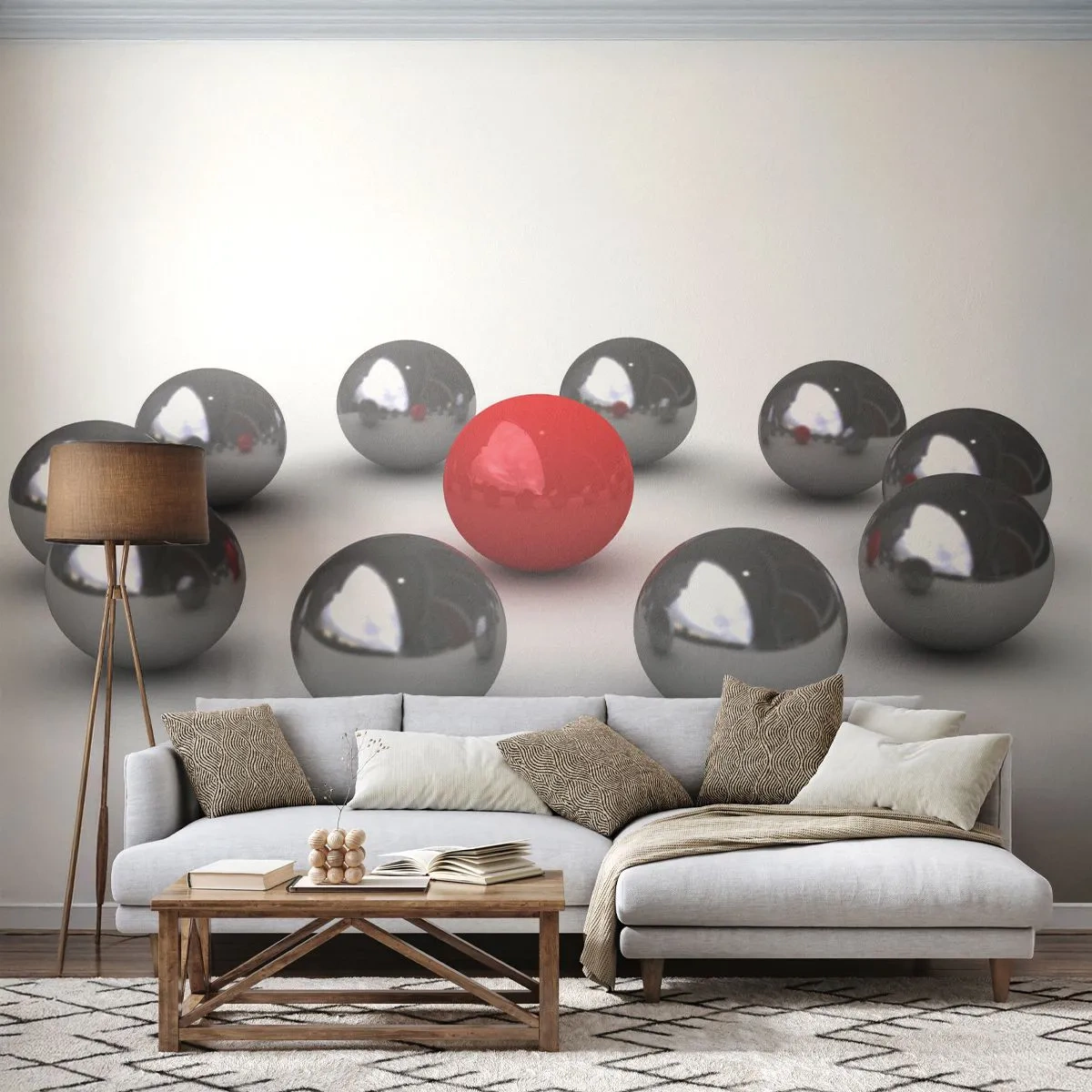 Fototapete Premium Sand - Ein Kreis in Silber und Rot - Abstraktion, 3D, Runde Kugeln - 100x70 cm
