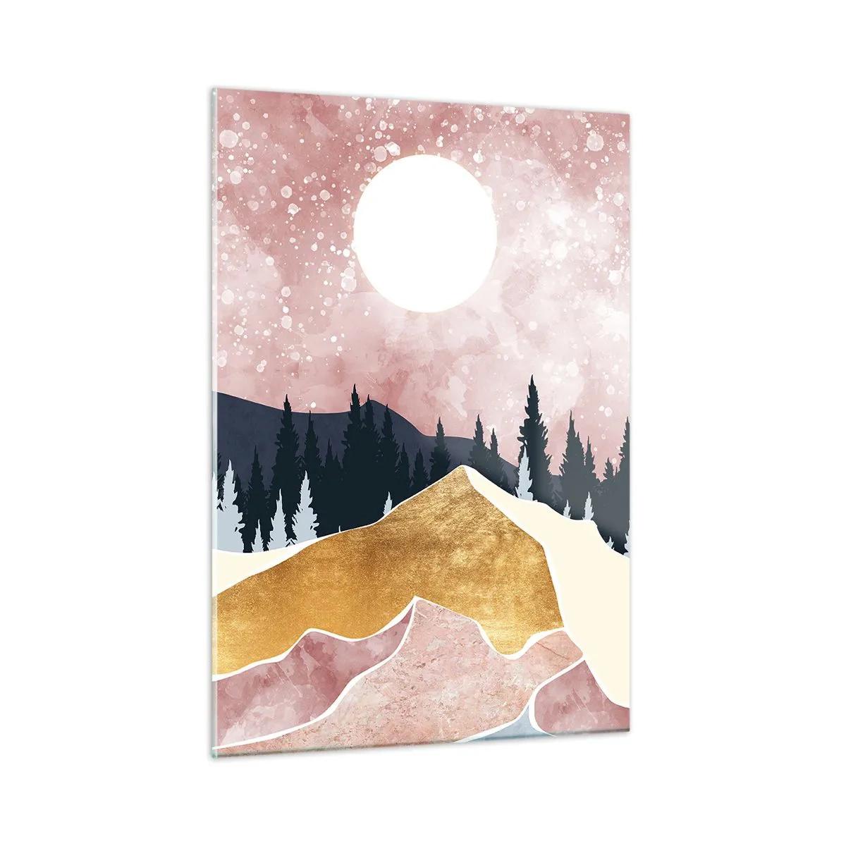 Glasbild - Bild auf glas - Berge und Wald im Mondlicht vor einem rosa Himmel - 50x70cm - Nachtwache - Moderne Wanddekoration für Wohnzimmer und Schlafzimmer ARTTOR