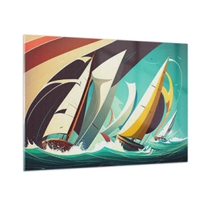 Glasbild - Bild auf glas - Retro-Stil-Illustration von Segelbooten in stürmischer See - 100x70cm - Viel Glück mit den Elementen - Moderne Wanddekoration für Wohnzimmer und Schlafzimmer ARTTOR