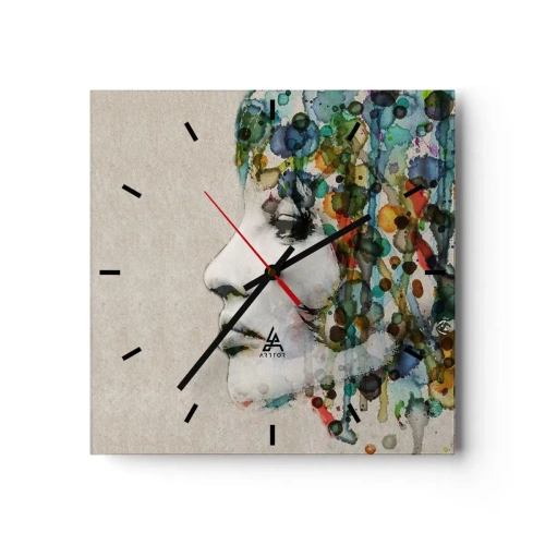 Wanduhr - Glasuhr - Profil einer Frau in Aquarellfarben mit abstraktem Hintergrund - 30x30cm - Sie tauchte aus dem Grau auf - Moderne Wanddekoration für Wohnzimmer und Schlafzimmer ARTTOR