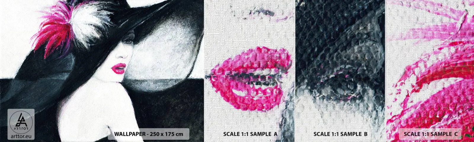 Fototapeten Muster Premium Canvas - Immer ein Geheimnis - Frau, In, A, Hat, Das Gesicht einer Frau, rote Lippen - 100x30 cm