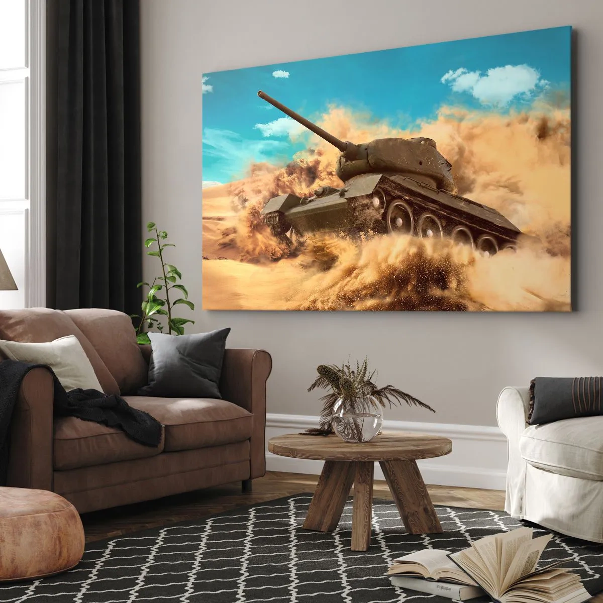 Bild auf Leinwand - Leinwandbild - Ein Panzer im Einsatz in der Wüste, umgeben von Sandstaub. - 70x50cm - Nicht zu besiegen - Moderne Wanddekoration für Wohnzimmer und Schlafzimmer ARTTOR