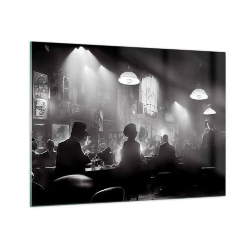 Glasbild - Bild auf glas - Schwarz-weiße Jazzbühne im Club-Interieur - 70x50cm - In Jazz-Atmosphäre - Moderne Wanddekoration für Wohnzimmer und Schlafzimmer ARTTOR