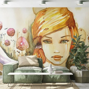 Fototapete Premium Sand - Ein smaragdgrüner Look, der die Wut beruhigt - Frau, Wiese, Mode - 200x140 cm