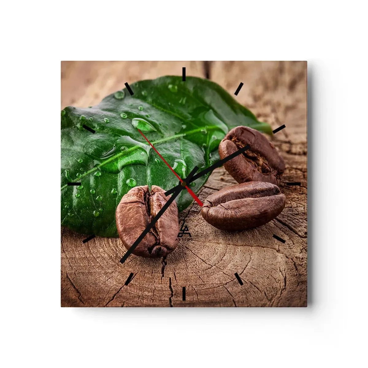 Wanduhr - Glasuhr - Kaffeebohnen und grünes Blatt auf einem hölzernen Hintergrund - 30x30cm - Der wahrste und schwarze - Moderne Wanddekoration für Wohnzimmer und Schlafzimmer ARTTOR