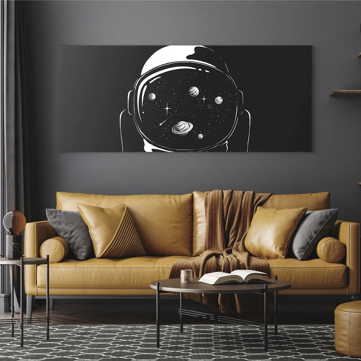 Glasbild - Bild auf glas - Ein minimalistischer Astronautenhelm mit Blick ins Weltall - 160x50cm - Schöne Aussicht - Moderne Wanddekoration für Wohnzimmer und Schlafzimmer ARTTOR