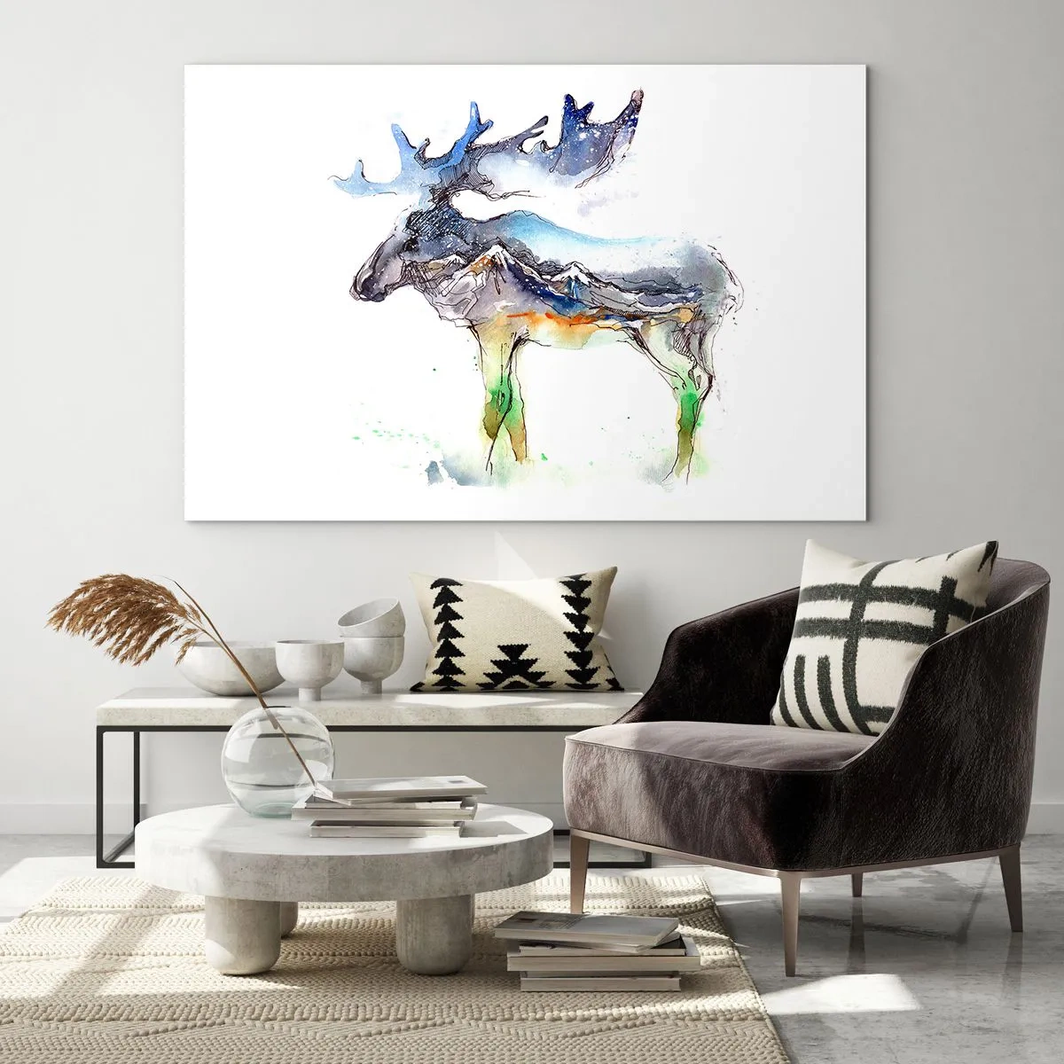 Glasbild - Bild auf glas - Aquarellmalerei eines Elches mit Bergsilhouette-Motiv - 100x70cm - Der Held eines Wintermärchens - Moderne Wanddekoration für Wohnzimmer und Schlafzimmer ARTTOR