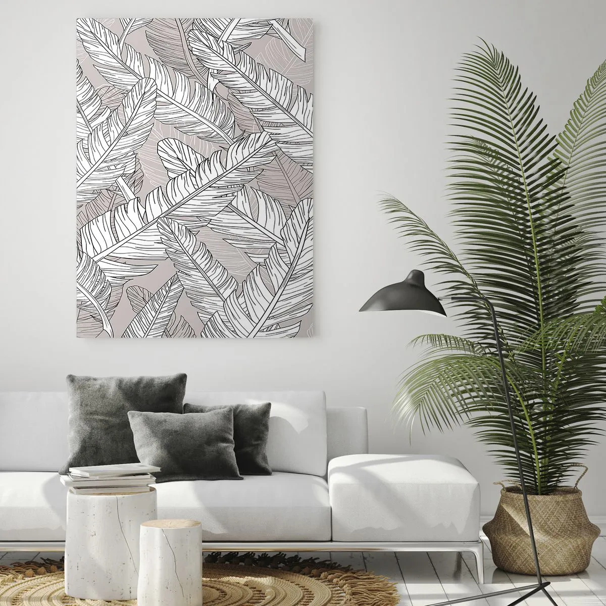 Glasbild - Bild auf glas - Schwarz-weiße Blätter auf beigem Hintergrund im grafischen Stil - 50x70cm - Ein Federwirbel - Moderne Wanddekoration für Wohnzimmer und Schlafzimmer ARTTOR