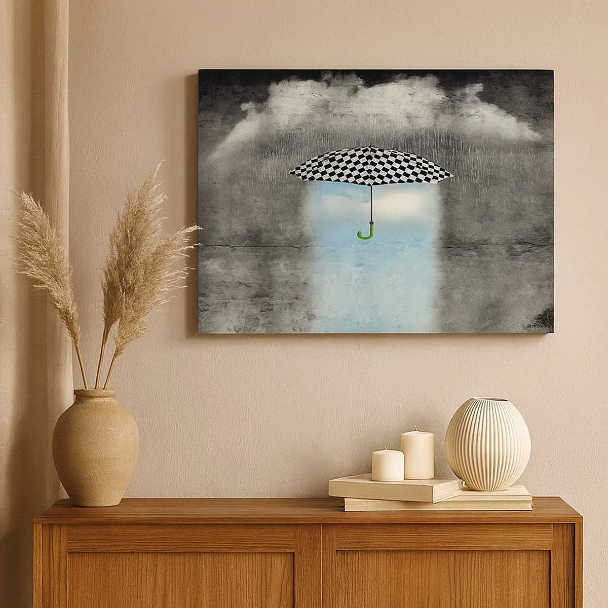 Bild auf Leinwand - Leinwandbild - Ein karierter Regenschirm über einer verregneten Landschaft - 70x50cm - Aber möglich - Moderne Wanddekoration für Wohnzimmer und Schlafzimmer ARTTOR