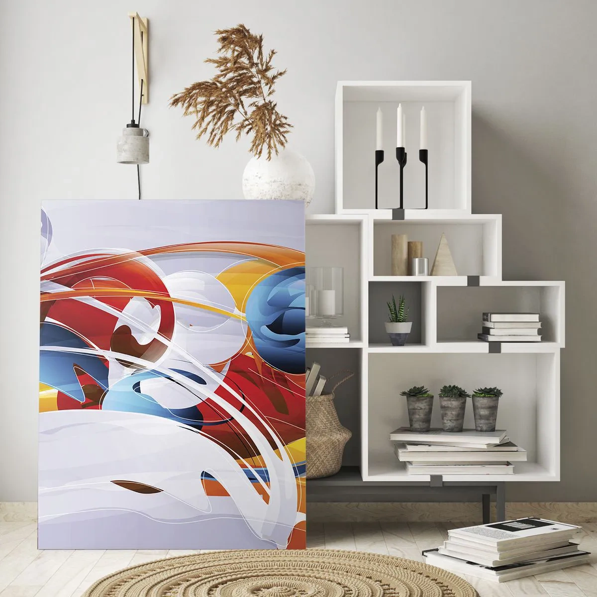 Glasbild - Bild auf glas - Bunte Abstraktion mit dynamischen Linien und lebendigen Farben - 80x120cm - Der Tanz der Elemente - Moderne Wanddekoration für Wohnzimmer und Schlafzimmer ARTTOR