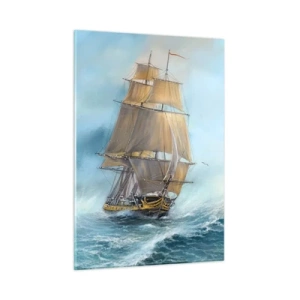 Glasbild - Bild auf glas - Ein Segelschiff auf stürmischer See im malerischen Stil - 50x70cm - Über die Wellen gleiten - Moderne Wanddekoration für Wohnzimmer und Schlafzimmer ARTTOR