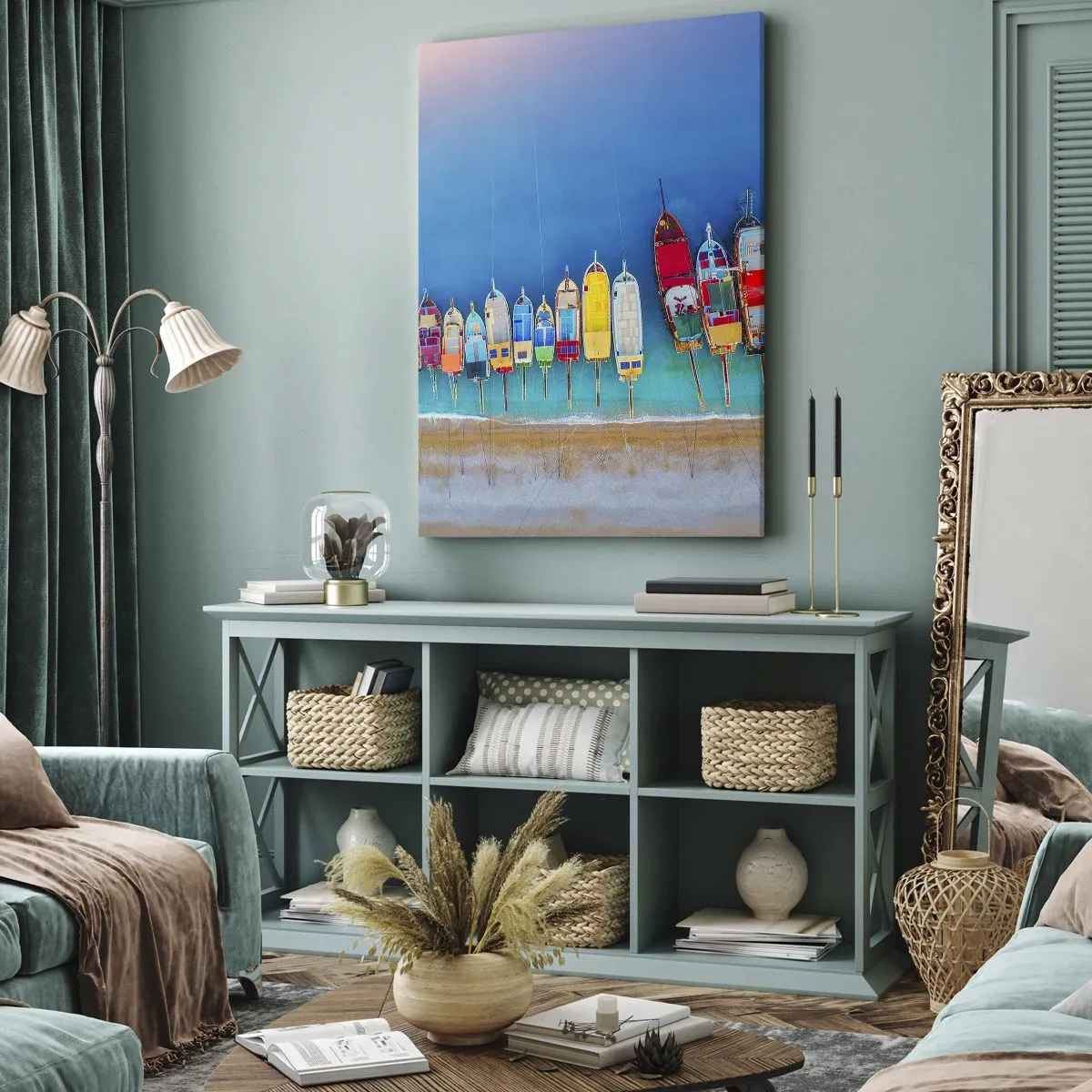 Bild auf Leinwand - Leinwandbild - Bunte Boote in einer Reihe am Ufer aufgereiht - 80x120cm - Aus der Vogelperspektive - Moderne Wanddekoration für Wohnzimmer und Schlafzimmer ARTTOR