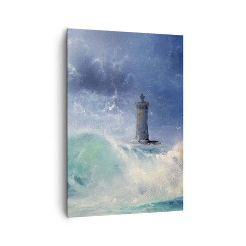 Bild auf Leinwand - Leinwandbild - Ein Leuchtturm, umgeben von rauen Wellen und Wolken - 70x100cm - Auf der Hut vor den Elementen - Moderne Wanddekoration für Wohnzimmer und Schlafzimmer ARTTOR