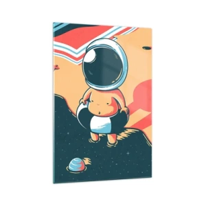 Glasbild - Bild auf glas - Lustiger Astronaut am Strand mit Weltraumelementen im Hintergrund - 70x100cm - Aus einer anderen Perspektive - Moderne Wanddekoration für Wohnzimmer und Schlafzimmer ARTTOR