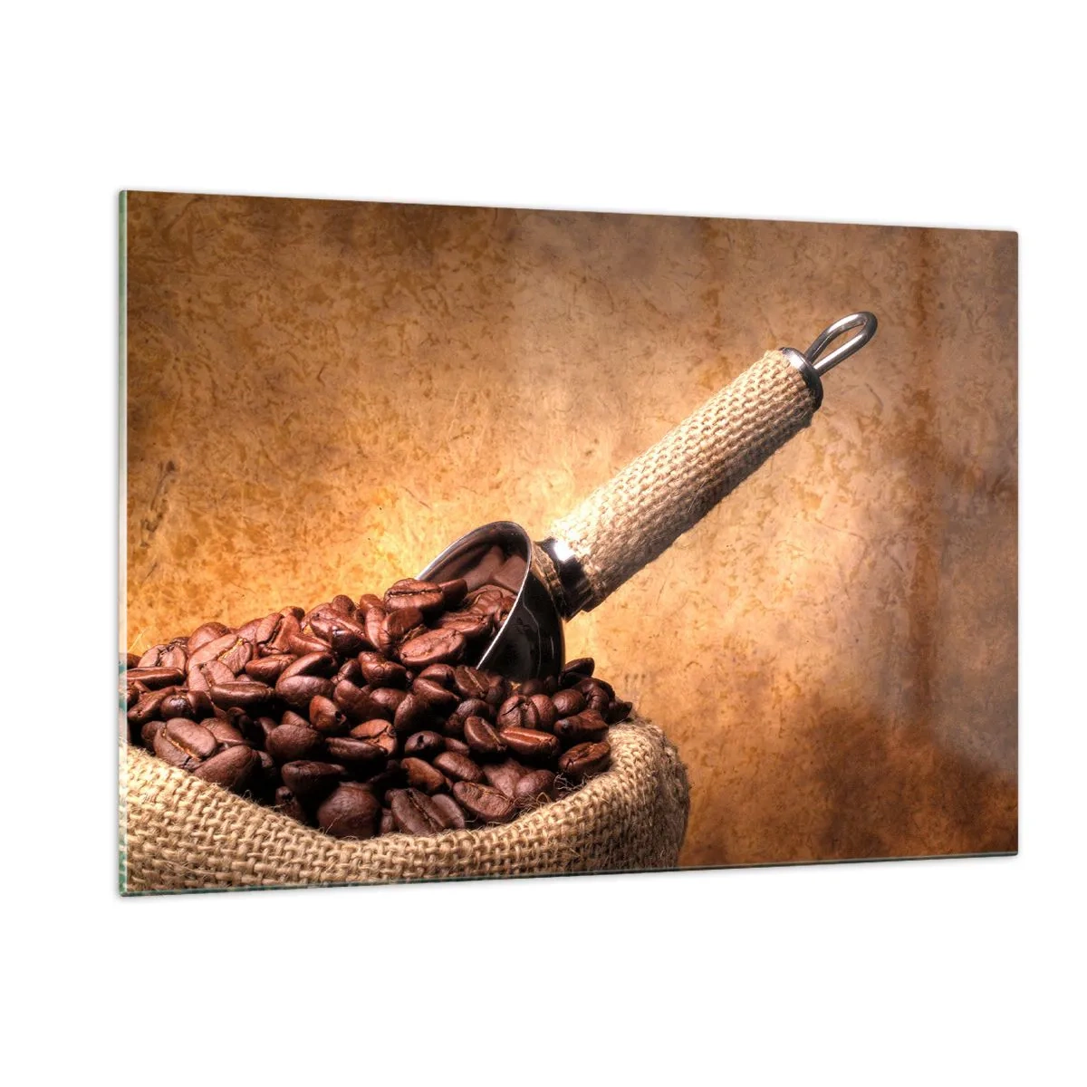 Glasbild - Bild auf glas - Kaffeebohnen in einem Jutebeutel mit einer Metallschaufel - 120x80cm - An der Quelle des Geschmacks - Moderne Wanddekoration für Wohnzimmer und Schlafzimmer ARTTOR