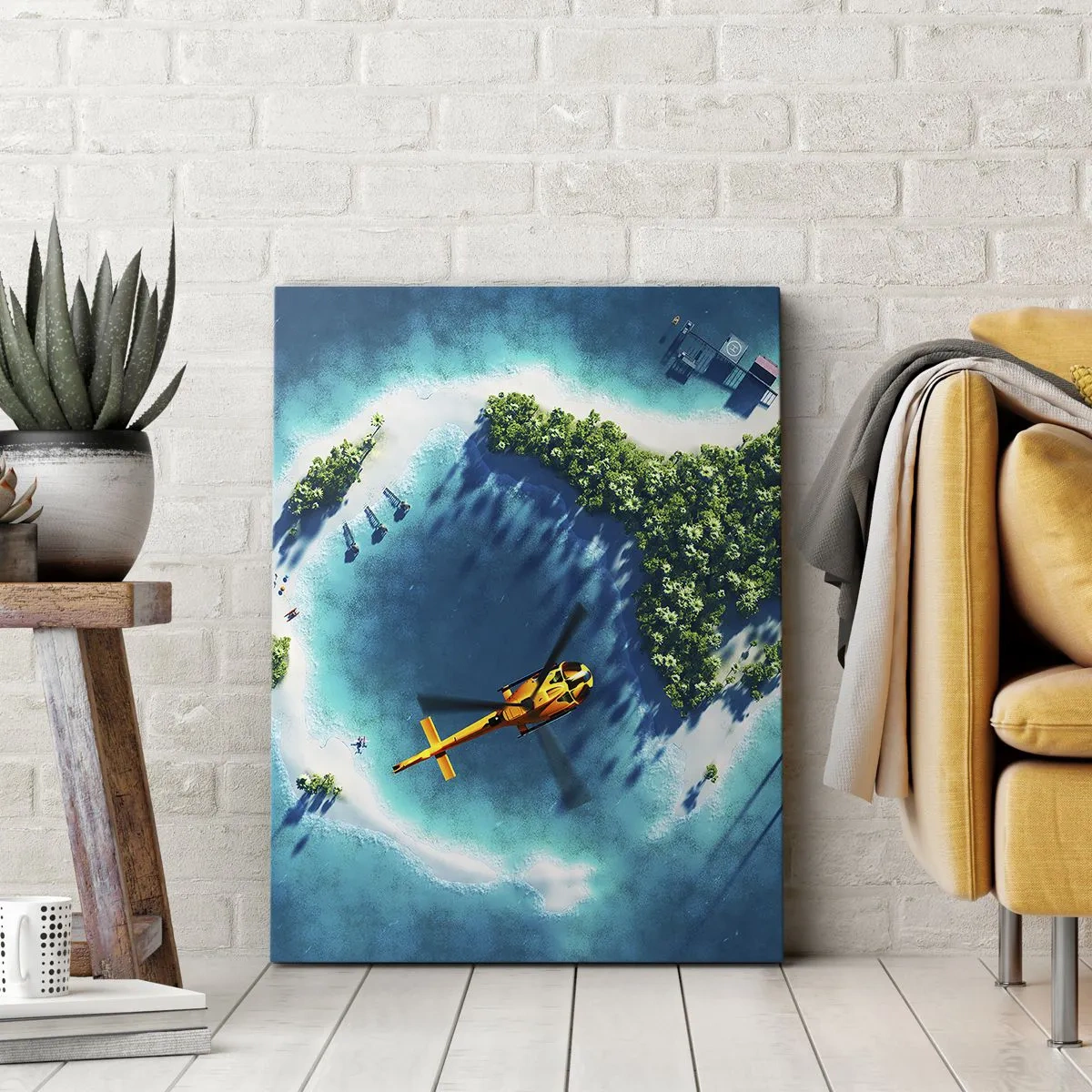 Bild auf Leinwand - Leinwandbild - Eine tropische Insel, umgeben von türkisfarbenem Wasser, mit einem Hubschrauber in Sicht - 50x70cm - Kauf dir eine Insel - Moderne Wanddekoration für Wohnzimmer und Schlafzimmer ARTTOR