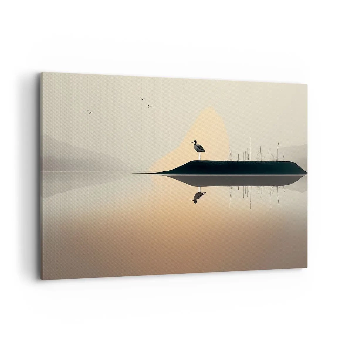 Bild auf Leinwand - Leinwandbild - Ein Vogel auf einer Insel in einem ruhigen See mit warmen Farbtönen - 120x80cm - Herr am See - Moderne Wanddekoration für Wohnzimmer und Schlafzimmer ARTTOR