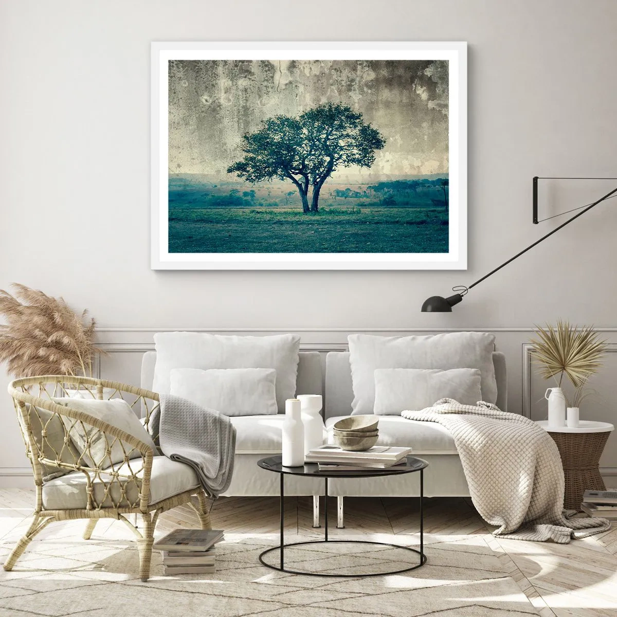 Poster in einem weißen Rahmen - Ein Apfelbaum auf blauem Feld? - 91x61 cm