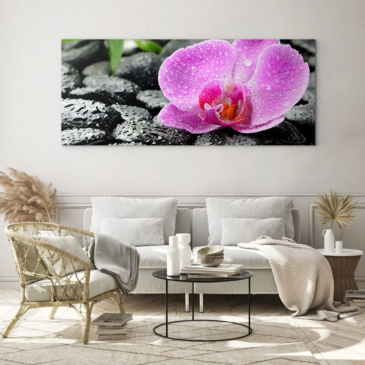Glasbild - Bild auf glas - Rosa Orchidee auf nassen schwarzen Steinen mit grünen Blättern - 160x50cm - Wie ein offenes Herz - Moderne Wanddekoration für Wohnzimmer und Schlafzimmer ARTTOR