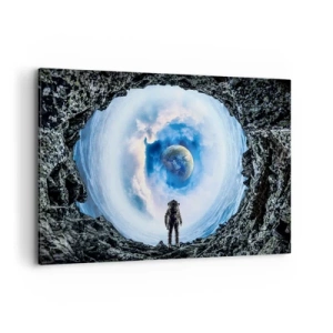 Bild auf Leinwand - Leinwandbild - Astronaut vor einer Weltraumlandschaft mit der Erde im Hintergrund - 120x80cm - Es ist nicht weit von zu Hause - Moderne Wanddekoration für Wohnzimmer und Schlafzimmer ARTTOR