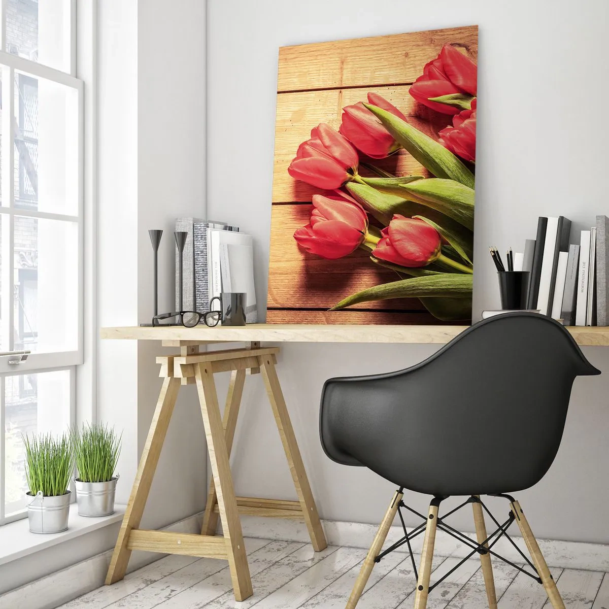 Glasbild - Bild auf glas - Ein Strauß rosa Tulpen auf einem hölzernen Hintergrund - 70x100cm - Frühlingsgeständnis - Moderne Wanddekoration für Wohnzimmer und Schlafzimmer ARTTOR