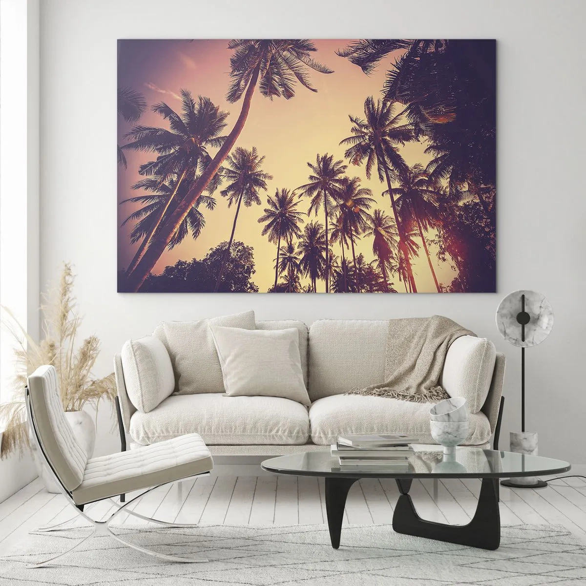 Glasbild - Bild auf glas - Palmen in den Strahlen der untergehenden Sonne - 70x50cm - Tropische Variante - Moderne Wanddekoration für Wohnzimmer und Schlafzimmer ARTTOR