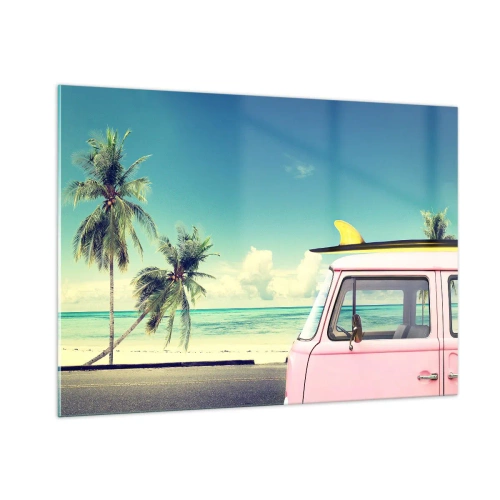 Glasbild - Bild auf glas - Ein Strand mit Palmen und einem rosa Retro-Van am Meer - 100x70cm - Zeit um in die Ferien zu starten - Moderne Wanddekoration für Wohnzimmer und Schlafzimmer ARTTOR