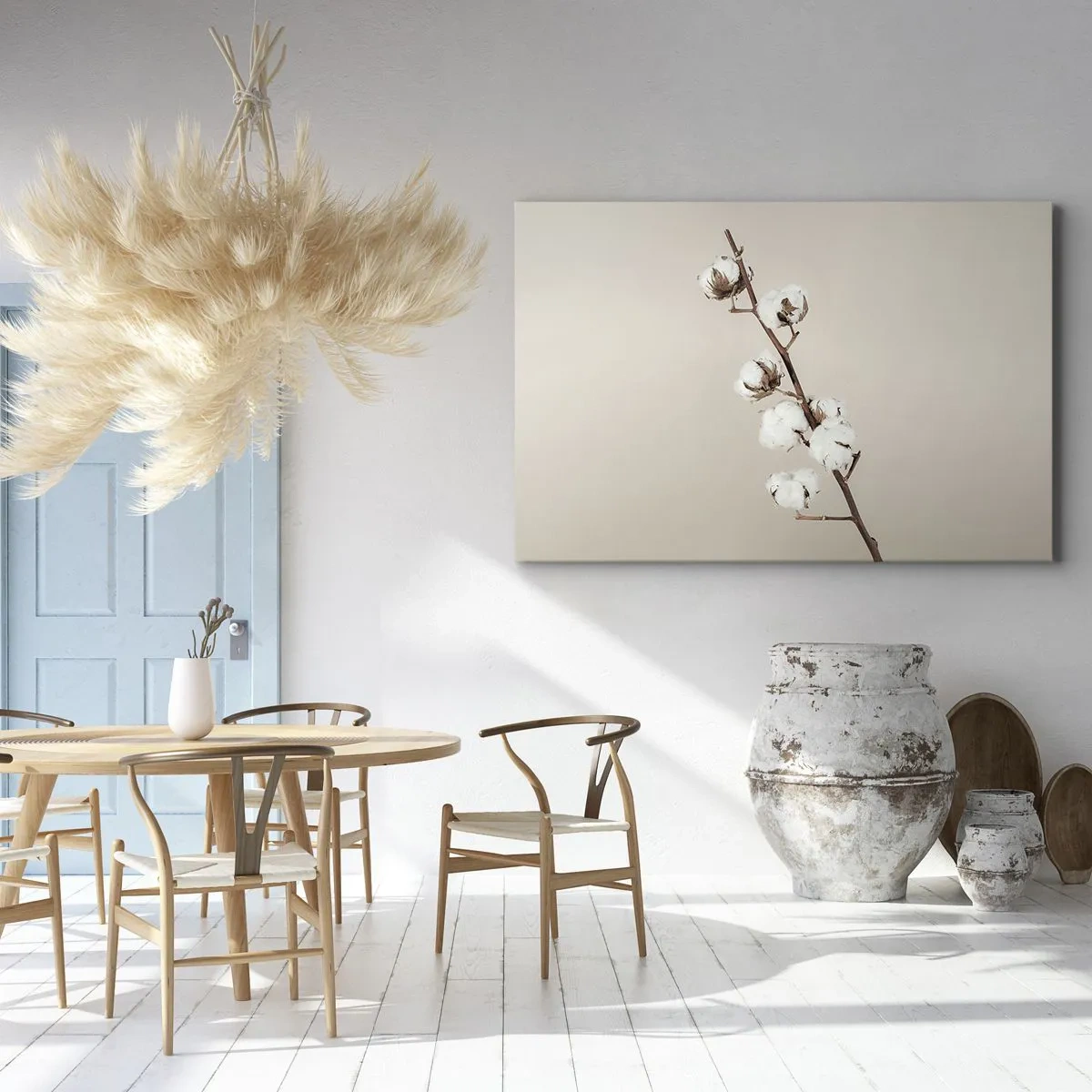 Bild auf Leinwand - Leinwandbild - Ein Zweig Baumwolle auf beigem Hintergrund - 70x50cm - An der Quelle der Weichheit - Moderne Wanddekoration für Wohnzimmer und Schlafzimmer ARTTOR