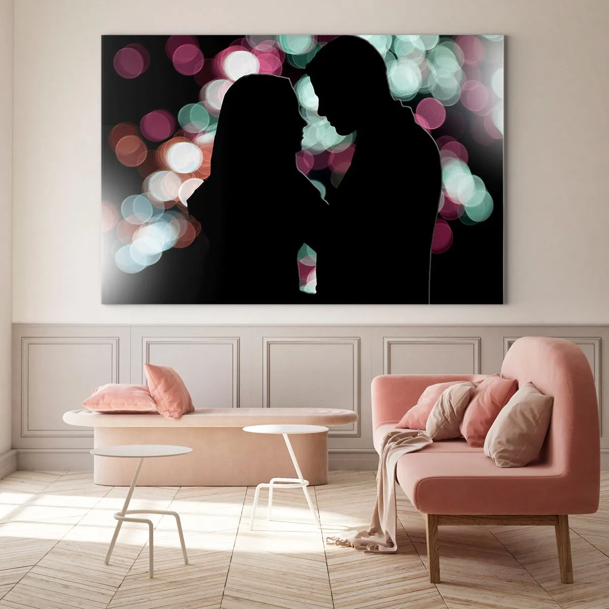Glasbild - Bild auf glas - Silhouetten eines Paares vor dem Hintergrund bunter Bokeh-Lichter - 70x50cm - Jawohl! - Moderne Wanddekoration für Wohnzimmer und Schlafzimmer ARTTOR
