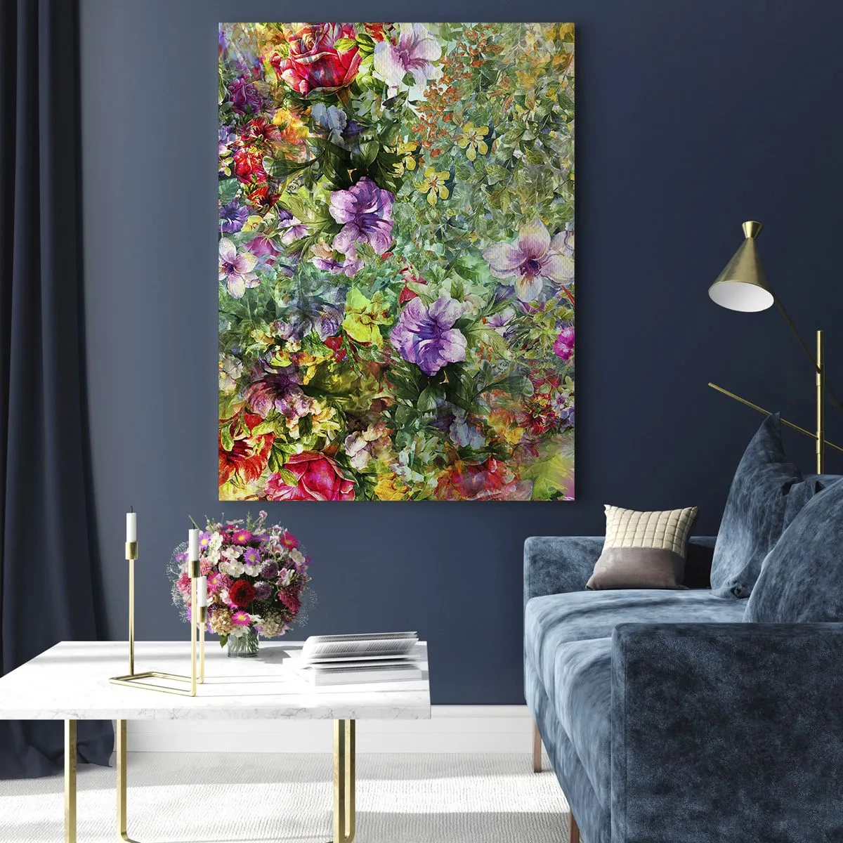 Glasbild - Bild auf glas - Bunte Blumen in einer künstlerischen Komposition - 50x70cm - In Blumen für das Verderben - Moderne Wanddekoration für Wohnzimmer und Schlafzimmer ARTTOR