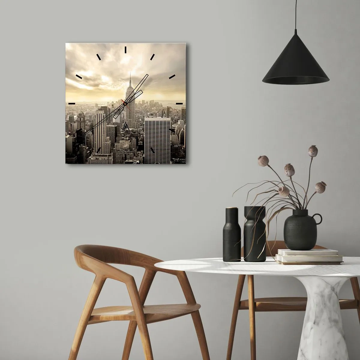 Wanduhr - Glasuhr - Panorama der Stadt mit Blick auf das Empire State Building - 30x30cm - New York aus Grau - Moderne Wanddekoration für Wohnzimmer und Schlafzimmer ARTTOR