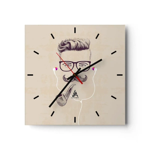Wanduhr - Glasuhr - Retro-Porträt eines Mannes mit Pfeife, Kopfhörer und Brille - 30x30cm - Ein echter Mann? - Moderne Wanddekoration für Wohnzimmer und Schlafzimmer ARTTOR