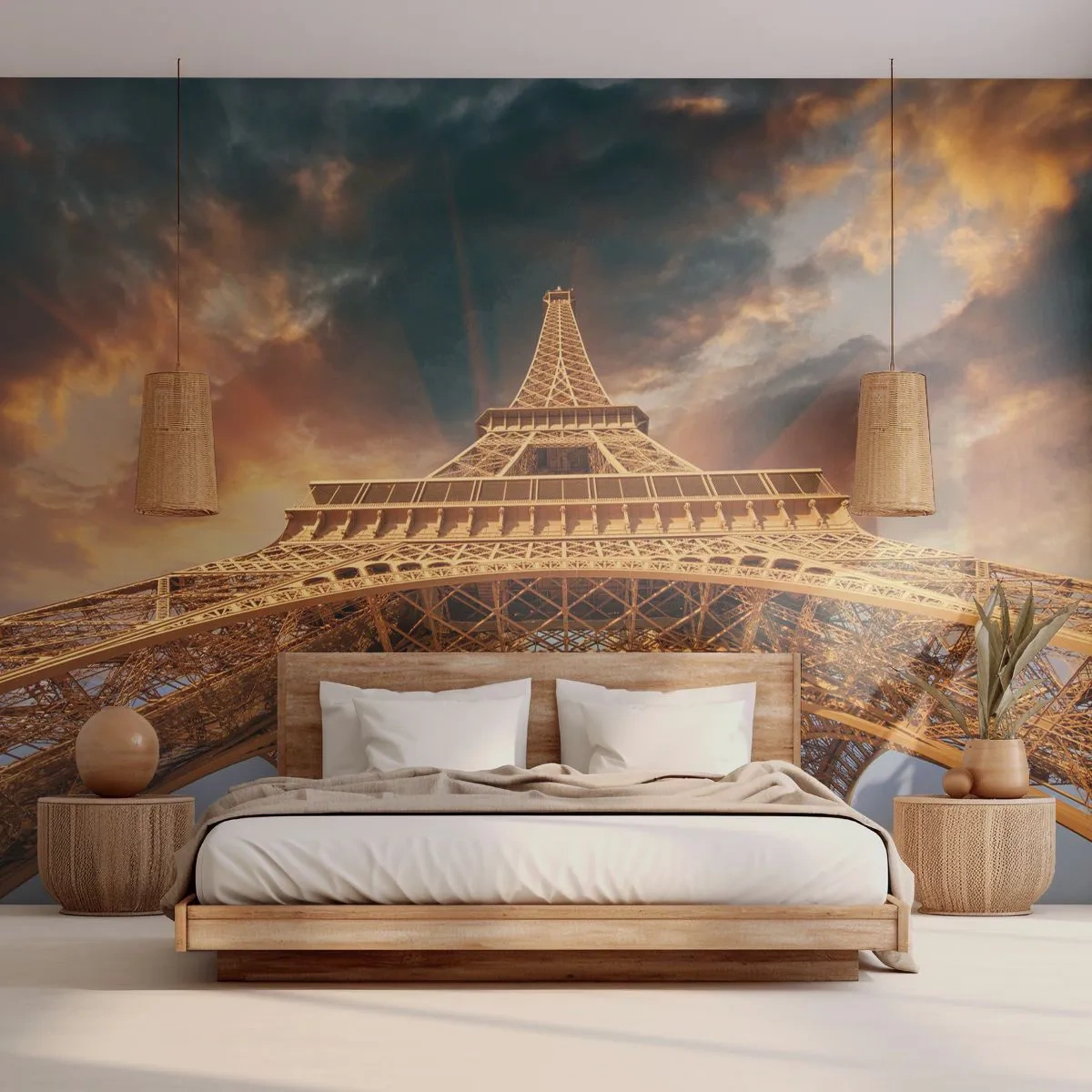 Fototapete Premium Sand - Der Eiffelturm bei Sonnenuntergang - 100x70cm - Wie die Menschheit den Himmel erreichte - Moderne Wanddekoration für Wohnzimmer und Schlafzimmer ARTTOR