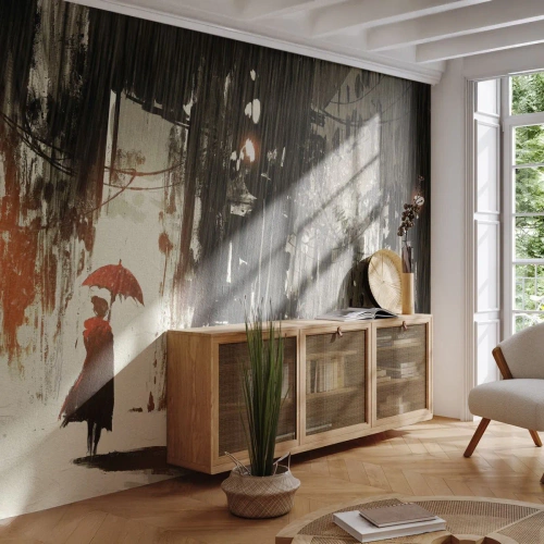 Fototapete Standard Eco - Die Poesie des roten Regenschirms - Stadt, Frau, Die Architektur - 200x140 cm
