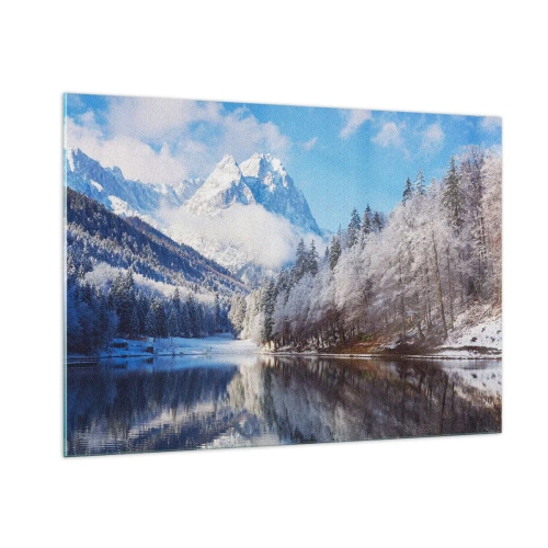 Glasbild - Bild auf glas - Winterlandschaft mit Bergen und einem zugefrorenen See - 100x70cm - Schneefang - Moderne Wanddekoration für Wohnzimmer und Schlafzimmer ARTTOR