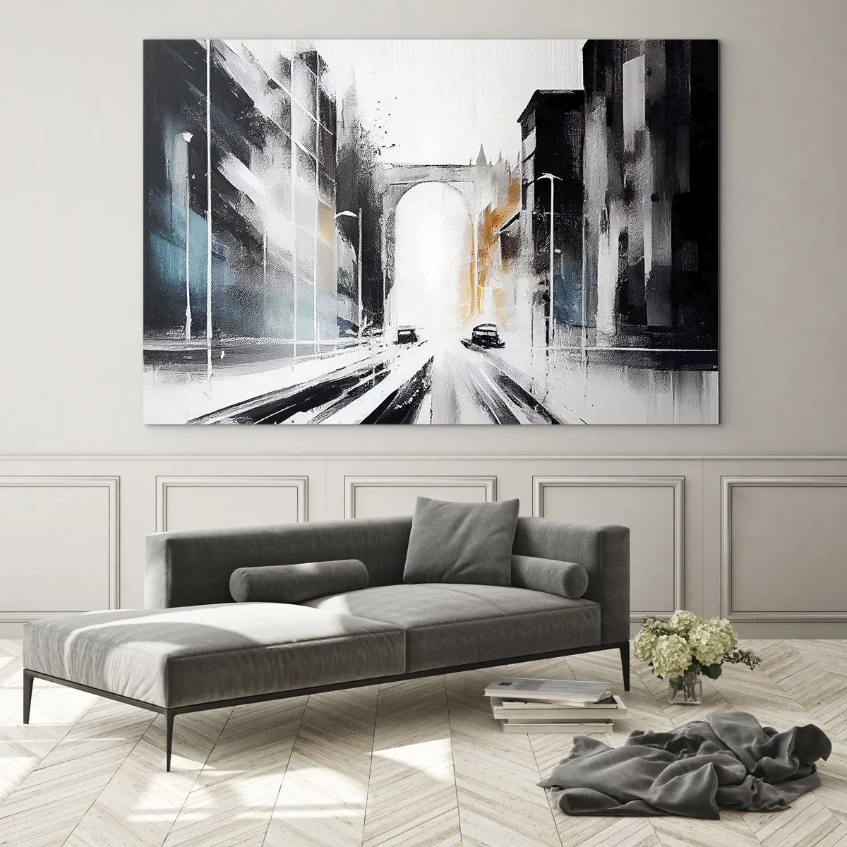 Glasbild - Bild auf glas - Eine dynamische Stadtstraße mit Autos und einem Bogen im Hintergrund im malerischen Stil. - 100x70cm - Stadtstudie: Architektur und Bewegung - Moderne Wanddekoration für Wohnzimmer und Schlafzimmer ARTTOR