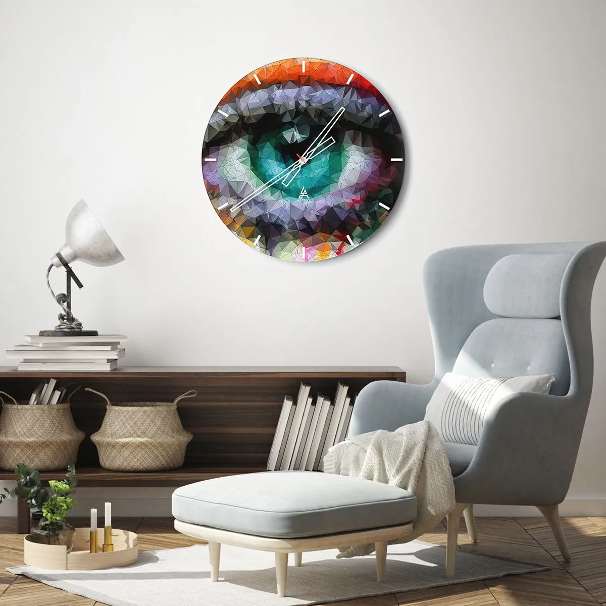 Wanduhr - Glasuhr - Abstrakte Augengrafik in einem mehrfarbigen geometrischen Stil - 30x30cm - Kristallines Leuchten der Augen - Moderne Wanddekoration für Wohnzimmer, Küche und Schlafzimmer ARTTOR