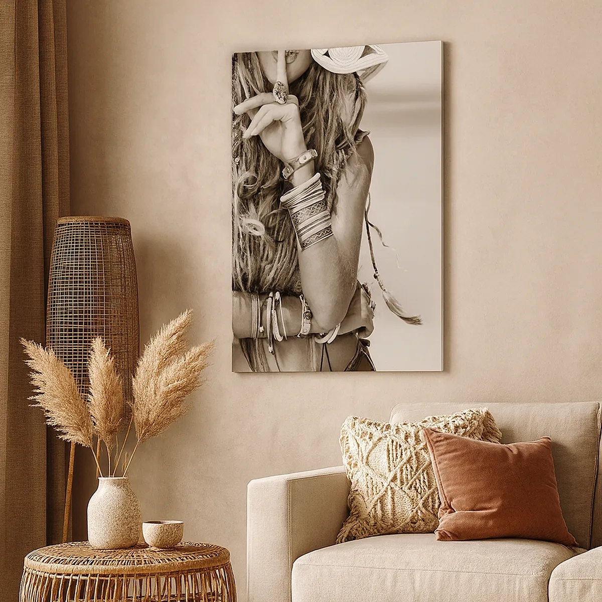 Bild auf Leinwand - Leinwandbild - Porträt einer Boho-Frau mit Schmuck - 50x70cm - Wieso ein Mädchen - Moderne Wanddekoration für Wohnzimmer und Schlafzimmer ARTTOR