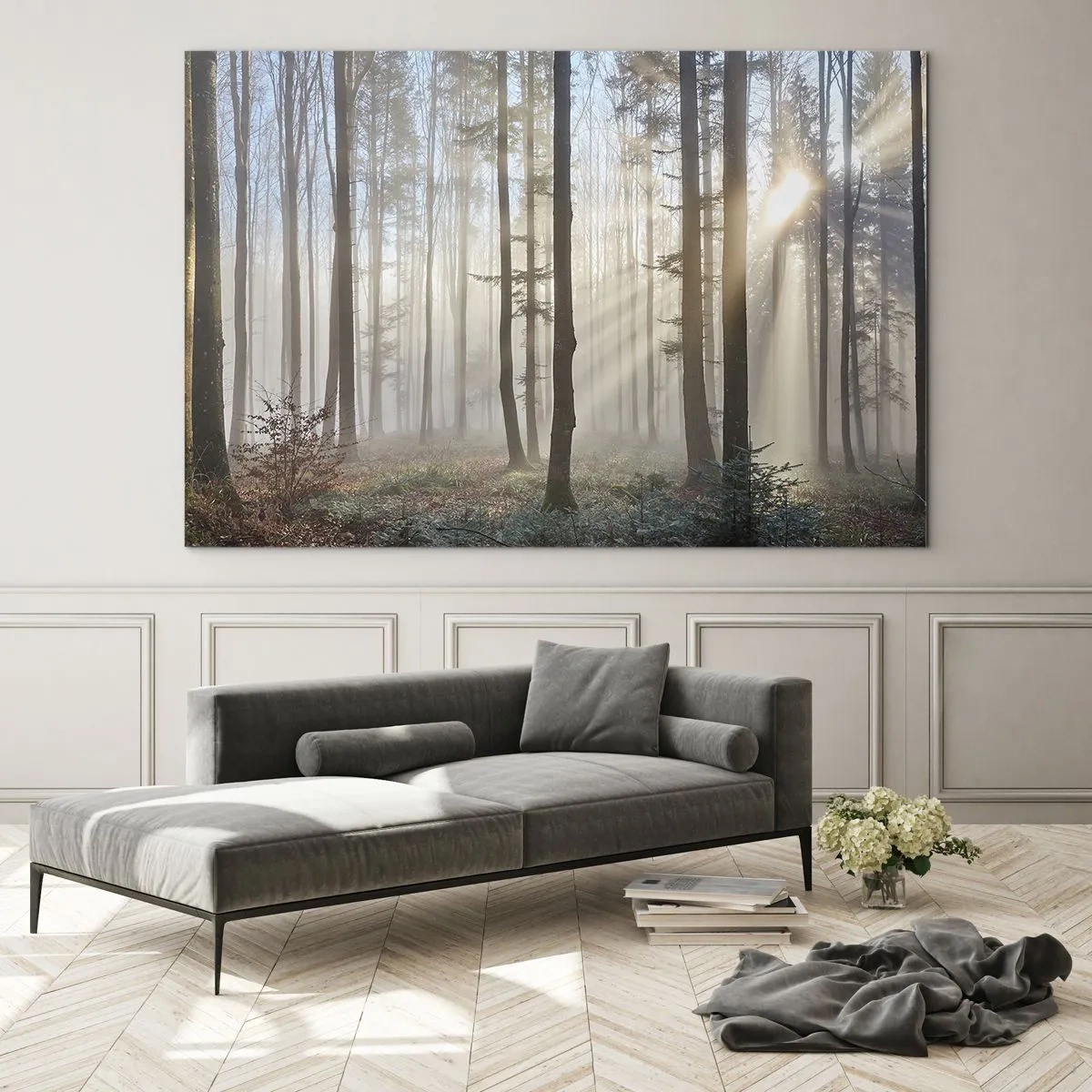 Glasbild - Bild auf glas - Morgensonnenstrahlen durchdringen den nebligen Wald - 70x50cm - Der Nebel ist auch aufgewacht - Moderne Wanddekoration für Wohnzimmer und Schlafzimmer ARTTOR