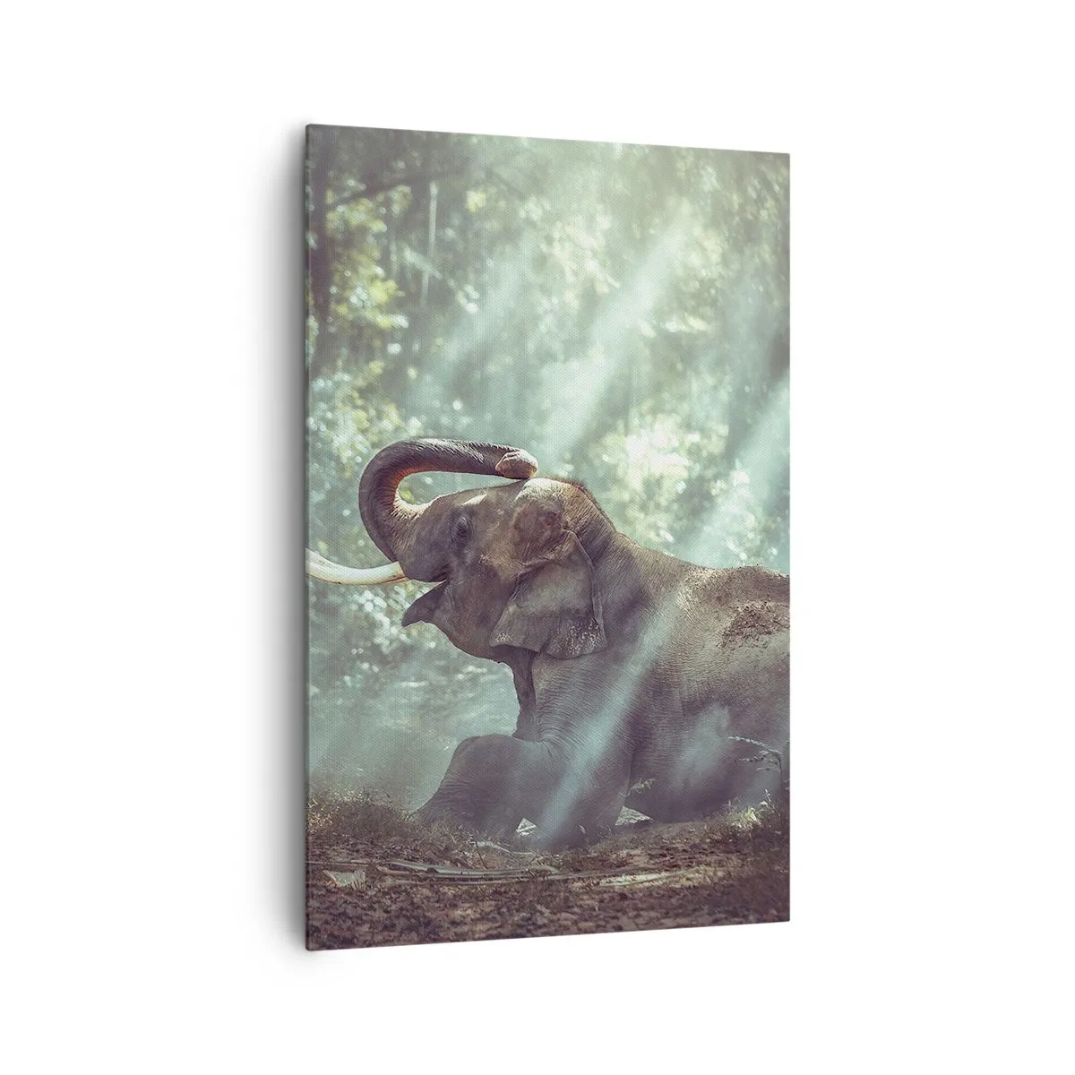 Bild auf Leinwand - Leinwandbild - Ein Junge und ein Elefant in einer sonnenbeschienenen Waldlandschaft - 80x120cm - Und hör dir das an... - Moderne Wanddekoration für Wohnzimmer und Schlafzimmer ARTTOR