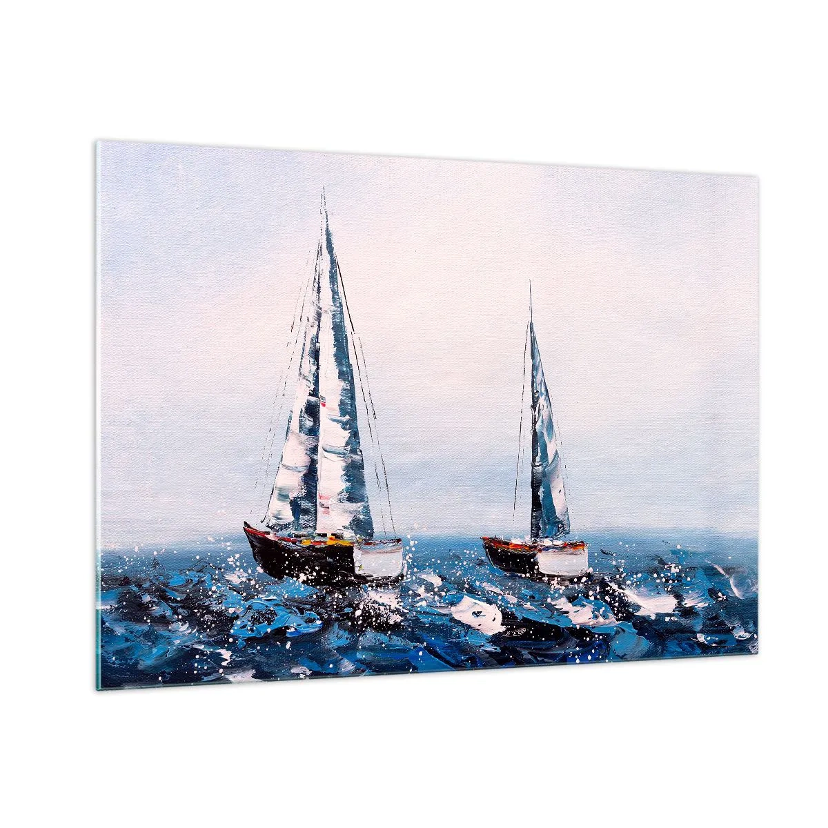 Glasbild - Bild auf glas - Zwei Yachten auf stürmischer See im impressionistischen Malstil. - 100x70cm - Bruderschaft des Windes - Moderne Wanddekoration für Wohnzimmer und Schlafzimmer ARTTOR