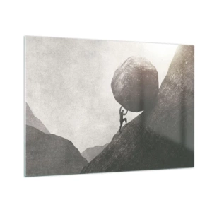 Glasbild - Bild auf glas - Eine Figur, die einen Felsbrocken vor einer Berglandschaft bergauf schiebt - 100x70cm - Ich glaube wider alle Hoffnung - Moderne Wanddekoration für Wohnzimmer und Schlafzimmer ARTTOR