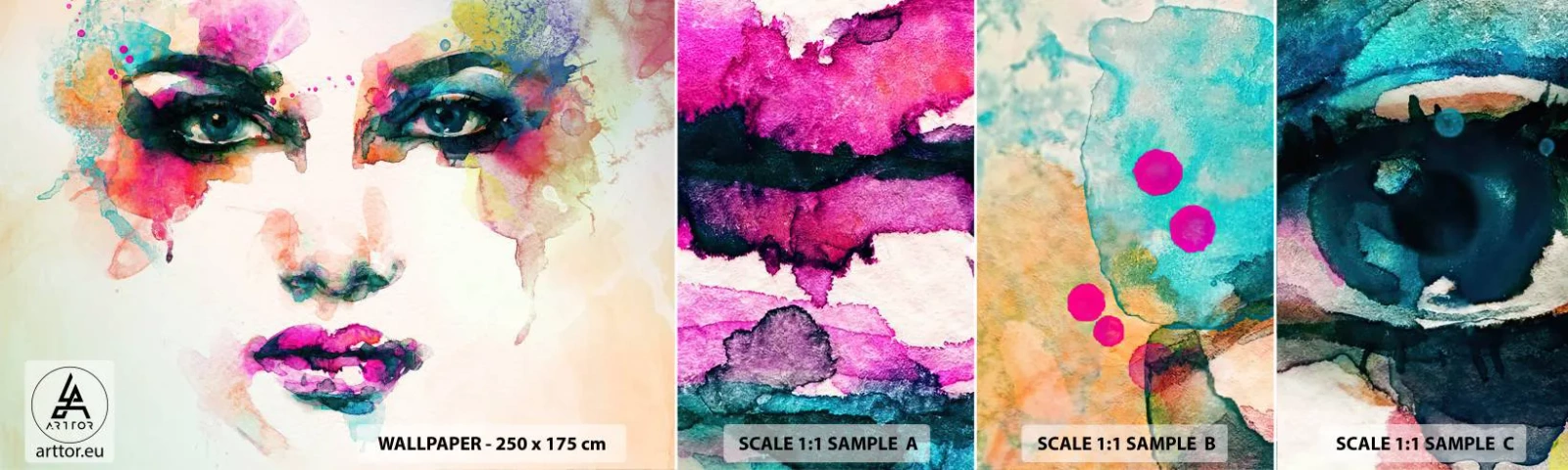 Fototapeten Muster Selbstklebend Deluxe Sticker - Ein mit einem Regenbogen gemaltes Porträt - Abstraktion, Das Gesicht einer Frau, Stück - 100x30 cm