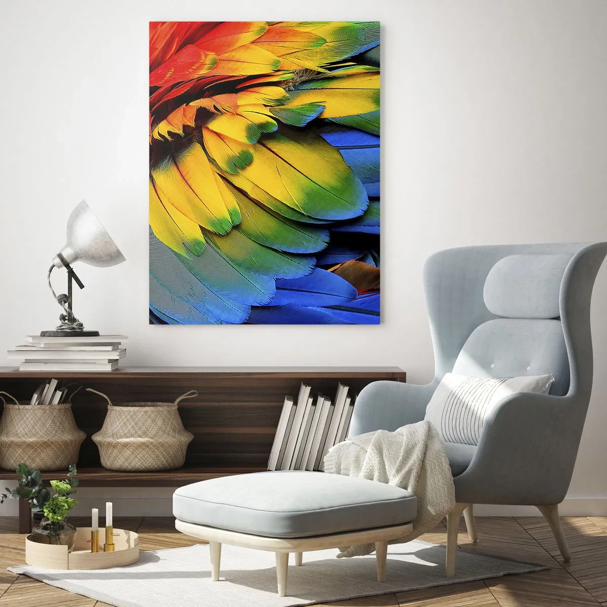 Glasbild - Bild auf glas - Bunte Papageienfedern in intensiven Regenbogenfarben - 50x70cm - Paradiesvogel - Moderne Wanddekoration für Wohnzimmer und Schlafzimmer ARTTOR