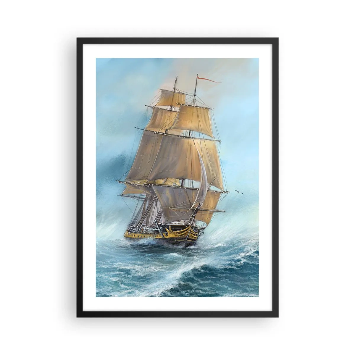 Poster in einem schwarzem Rahmen - Ein Segelschiff, das in realistischem Stil durch eine stürmische See segelt - 50x70cm - Über die Wellen gleiten - Moderne Wanddekoration für Wohnzimmer und Schlafzimmer ARTTOR