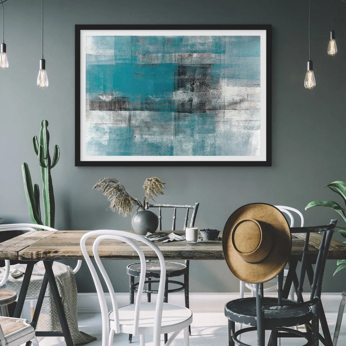 Poster in einem schwarzem Rahmen - Eine abstrakte Komposition in Blautönen mit Textur und Schichten. - 100x70cm - Wasser und Luft - Moderne Wanddekoration für Wohnzimmer und Schlafzimmer ARTTOR