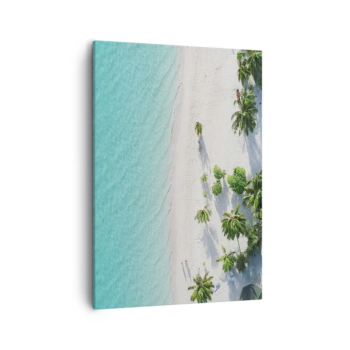 Bild auf Leinwand - Leinwandbild - Eine Vogelperspektive auf einen tropischen Strand mit türkisfarbenem Wasser und Palmen - 50x70cm - Urlaub im Paradies - Moderne Wanddekoration für Wohnzimmer und Schlafzimmer ARTTOR