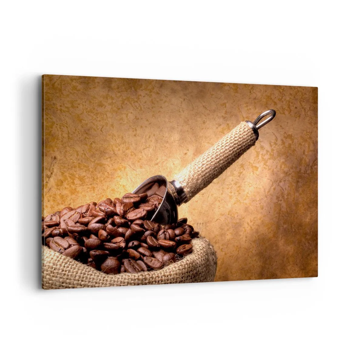 Bild auf Leinwand - Leinwandbild - Kaffeebohnen in einem Jutebeutel mit einem Metalllöffel - 120x80cm - An der Quelle des Geschmacks - Moderne Wanddekoration für Wohnzimmer und Schlafzimmer ARTTOR